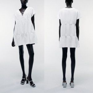 Zara Linen Blend White Tiered Babydoll MIni Dress Size M